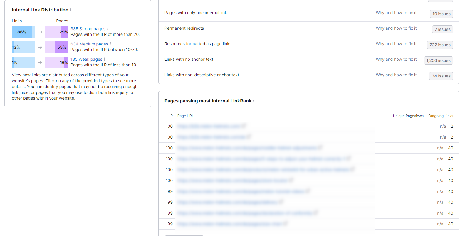 Screenshot einer internen Linkverteilungsanalyse in Semrush, die die Messung von Link Juice auf einer Webseite zeigt