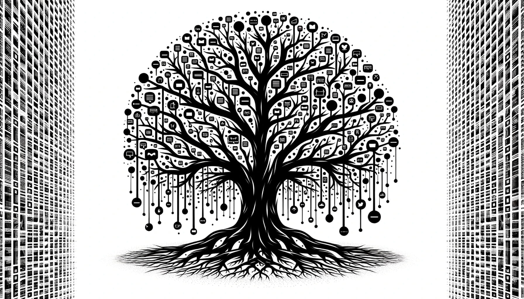 Illustration eines Baumes, der Deep Links symbolisiert, mit Verbindungen, die wie Wurzeln in die digitale Welt hineinwachsen