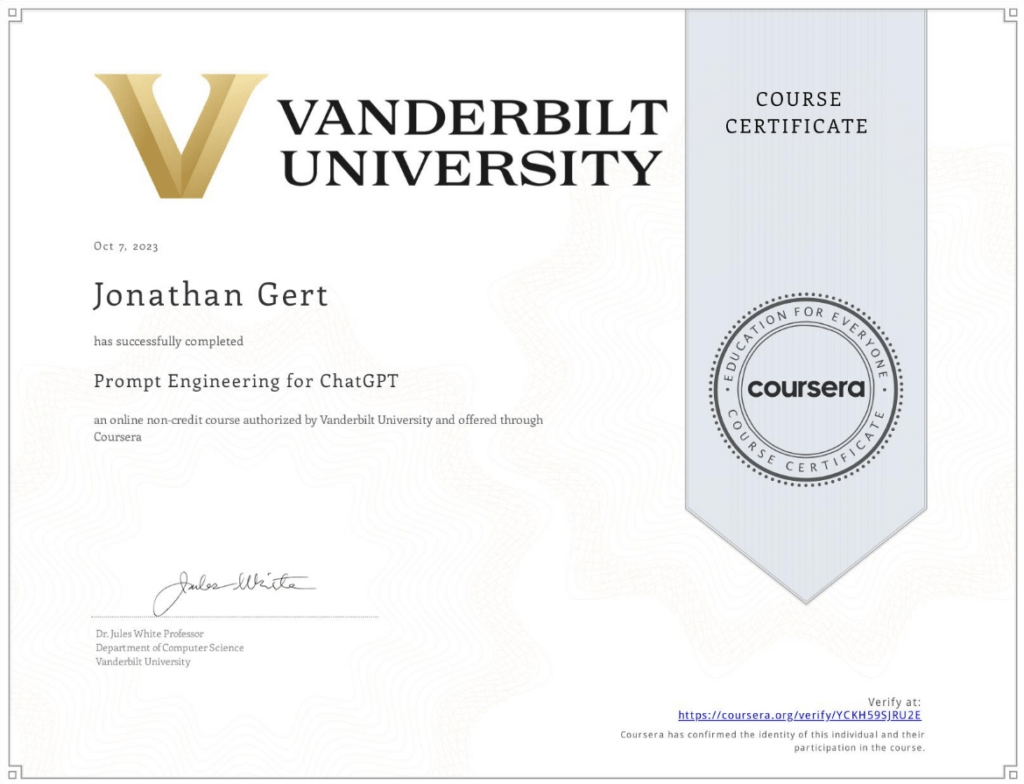 Zertifikat der Vanderbilt Universität im Bereich Prompt Engineering