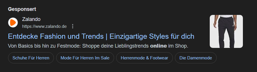 Beispiel einer Google Ads Anzeige von Zalando mit Text und Produktbild für Mode